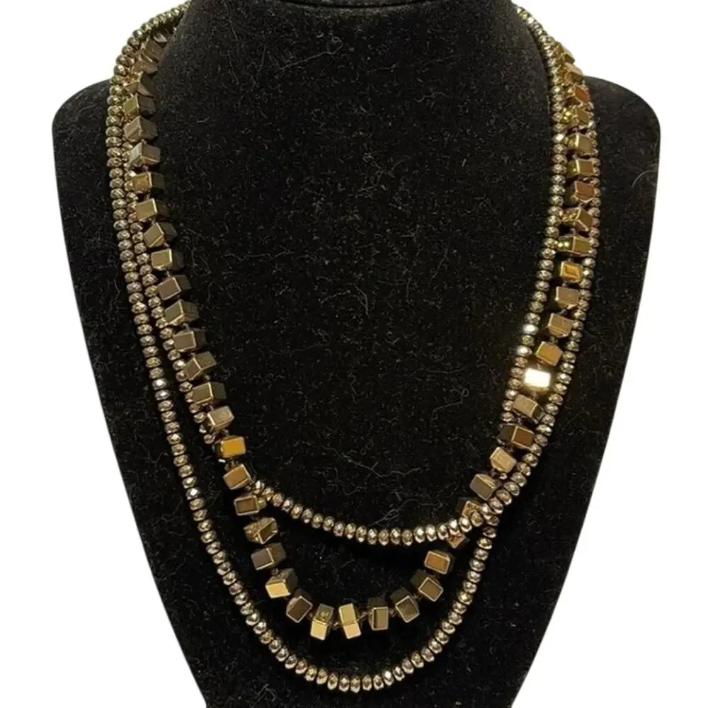 Layered Brass Tone Faceted Bead & Cube Bead Statement Necklace 17”